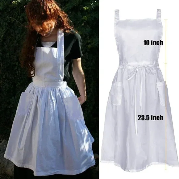 Vintage Adjustable Ruffle White Apron Maid Pioneer Costume Victorian Style Cotto - Picture 7 of 7